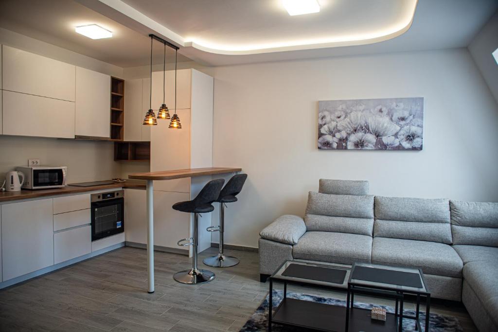 ein Wohnzimmer mit einem Sofa und einem Tisch in der Unterkunft Apartman Spaß in Šabac