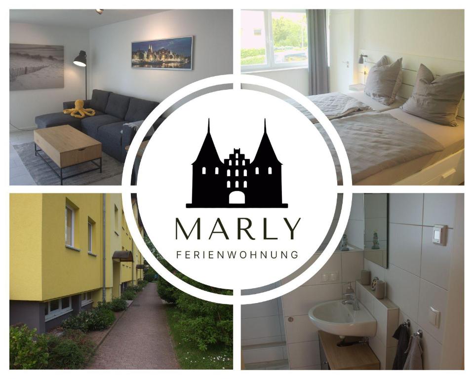 un collage de fotos de un dormitorio y una habitación en Ferienwohnung Marly, en Lübeck