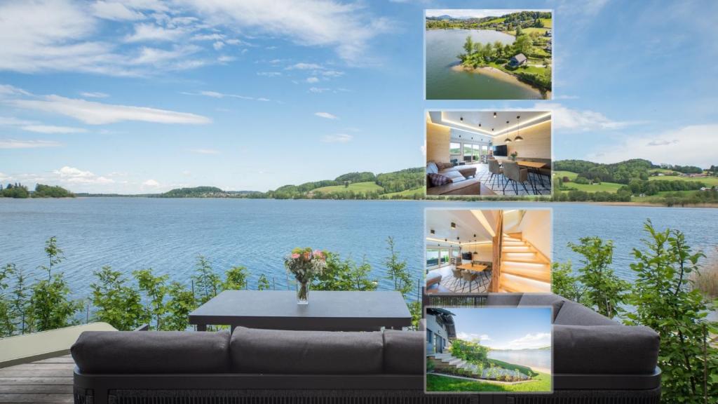 eine Collage mit Fotos von einem Haus und einem See in der Unterkunft Hideaway Kraftplatz Chalet am See Mattsee Obertrum Urlaub am See Salzburger Seenland in Obertrum am See