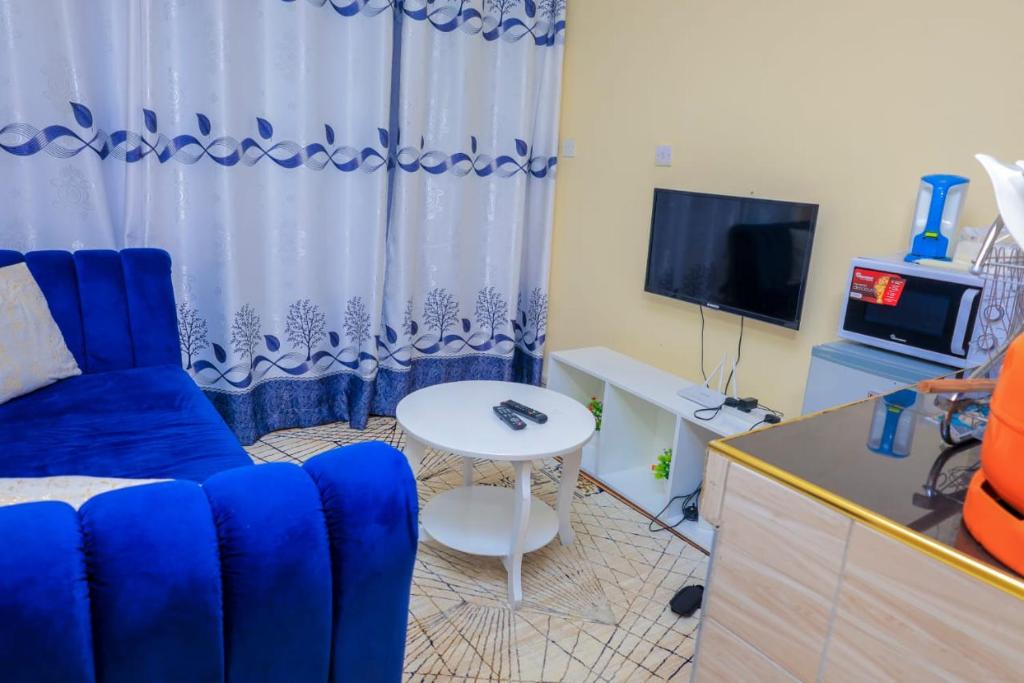 a living room with a blue couch and a tv at Sunlit Furnished Studio, Kisii in Kisii