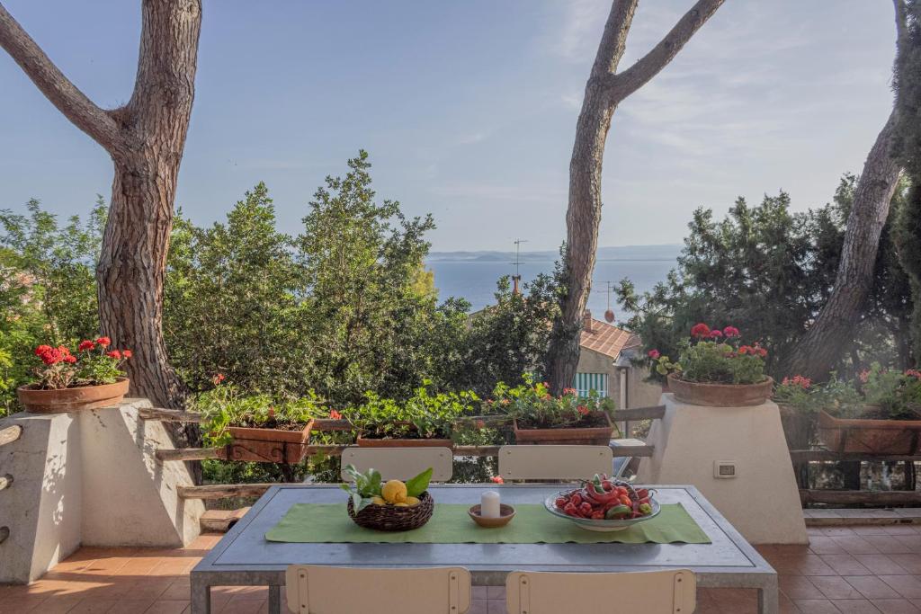 una mesa con frutas y verduras en un patio en La Bruna, en Porto Santo Stefano