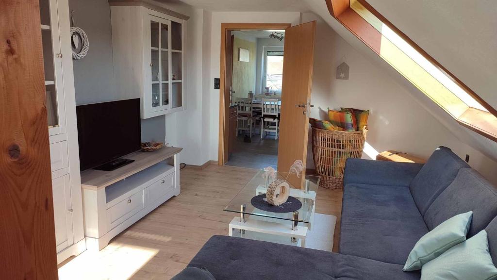 a living room with a blue couch and a tv at Ferienwohnung Hammerwaldblick in Selb