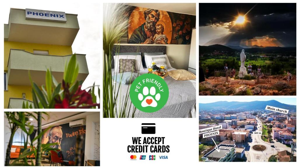 a collage of pictures of a city and a hotel at Boutique Hotel PHOENIX Međugorje in Međugorje