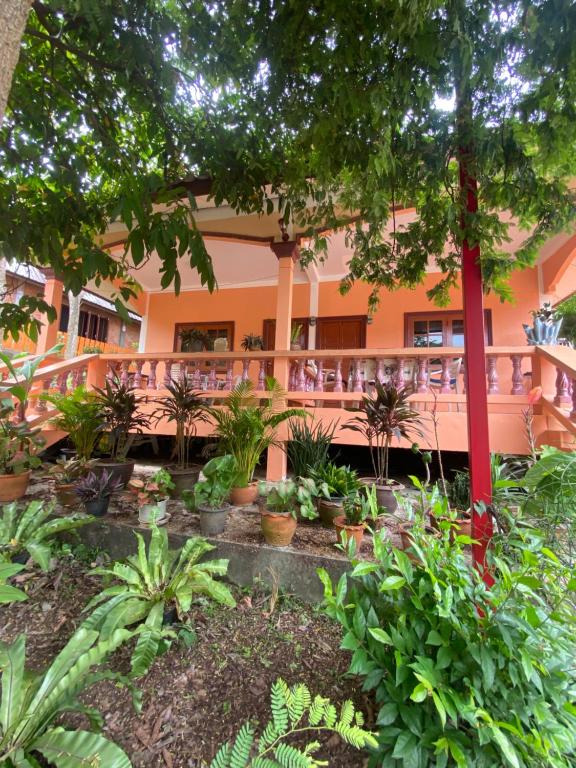 un jardin en face d'un bâtiment orné de plantes dans l'établissement Good vibes bungalow at Ya Nui beach, à Phuket