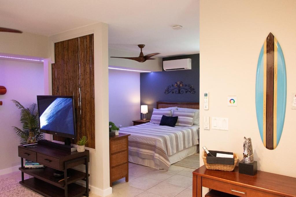 - une chambre avec un lit et une télévision à écran plat dans l'établissement Plumeria Cottage, à Kailua-Kona