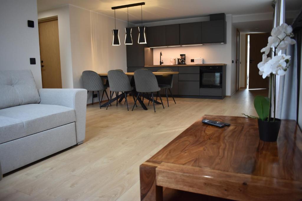 uma sala de estar com um sofá e uma mesa em Suur-Posti Apartments em Pärnu