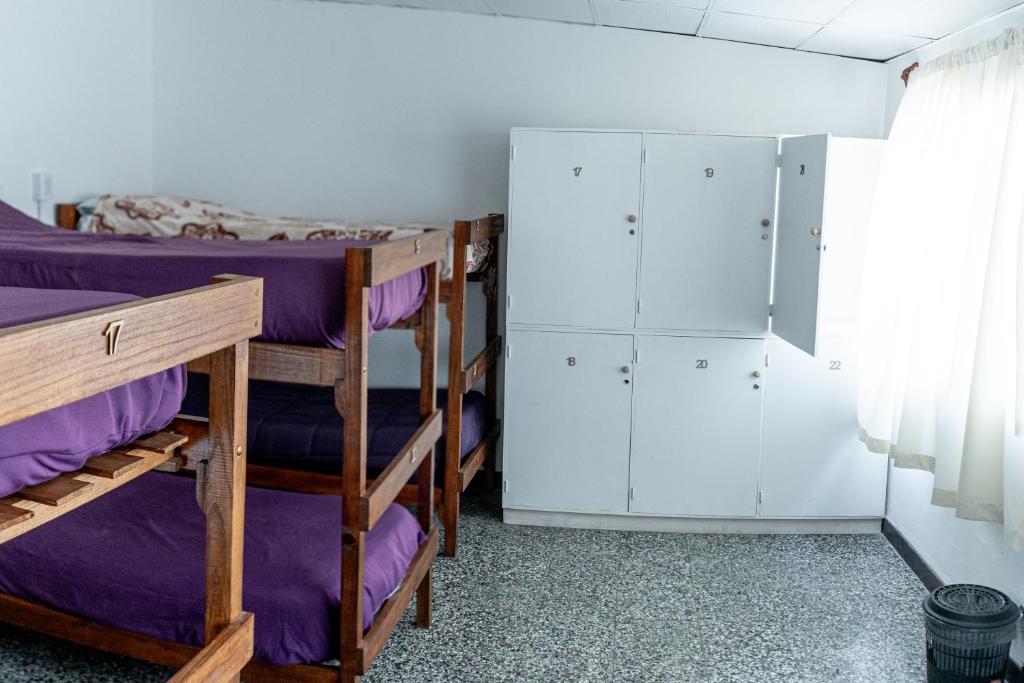 Ce dortoir comprend 2 lits superposés avec des draps violets. dans l'établissement Qaway, à Salta