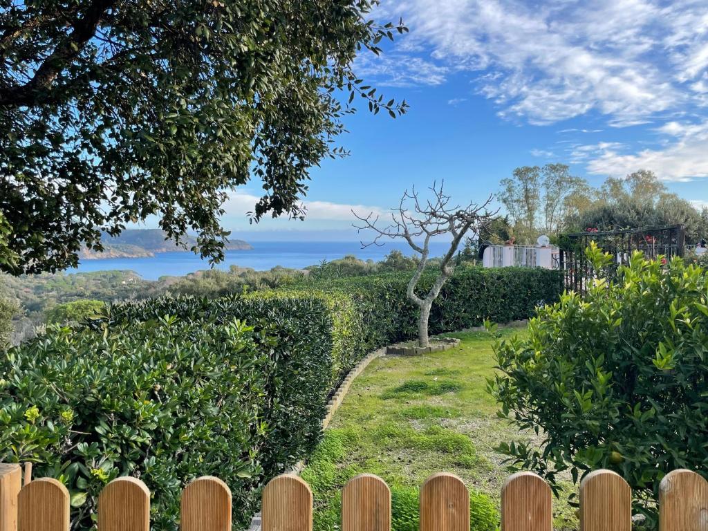 uma cerca de madeira com vista para o oceano em Villa Tany em Capoliveri