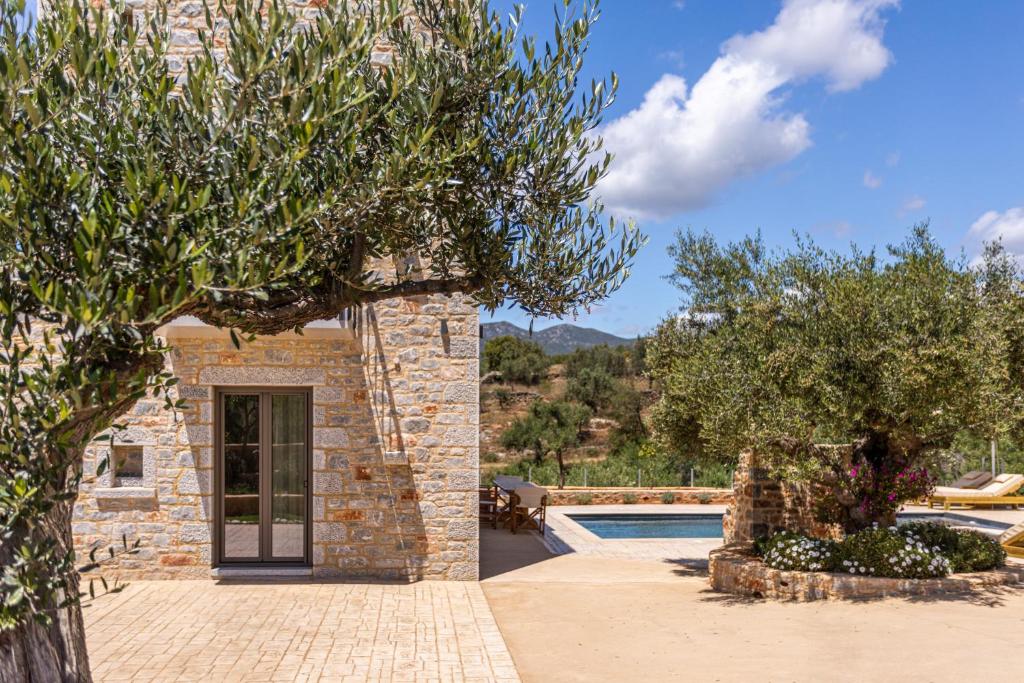 a stone house with a swimming pool and trees at Lakkos Villas in Kardamili