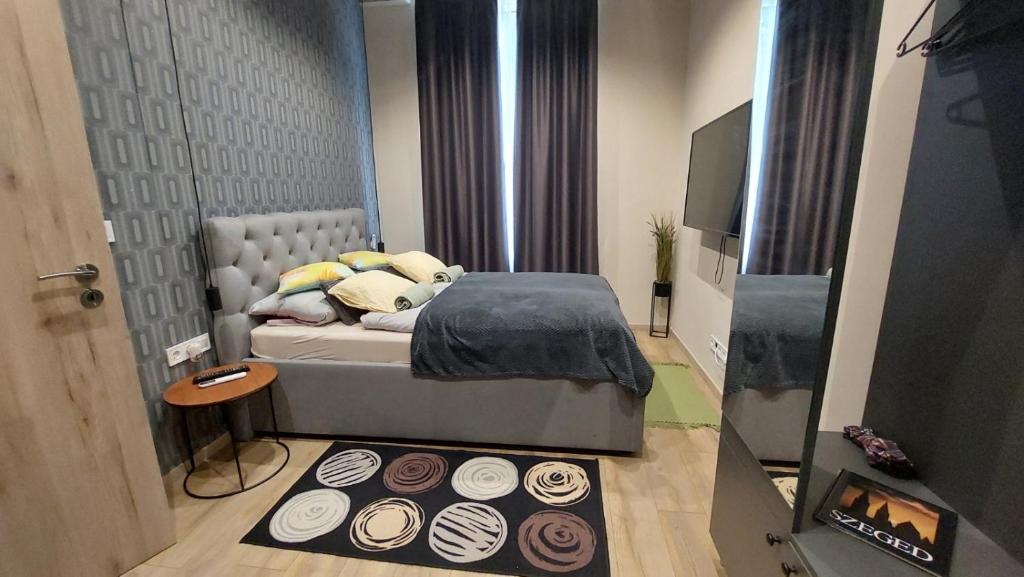 een slaapkamer met een bed en een tv in een kamer bij Földváry 3in1 Apartments in Szeged