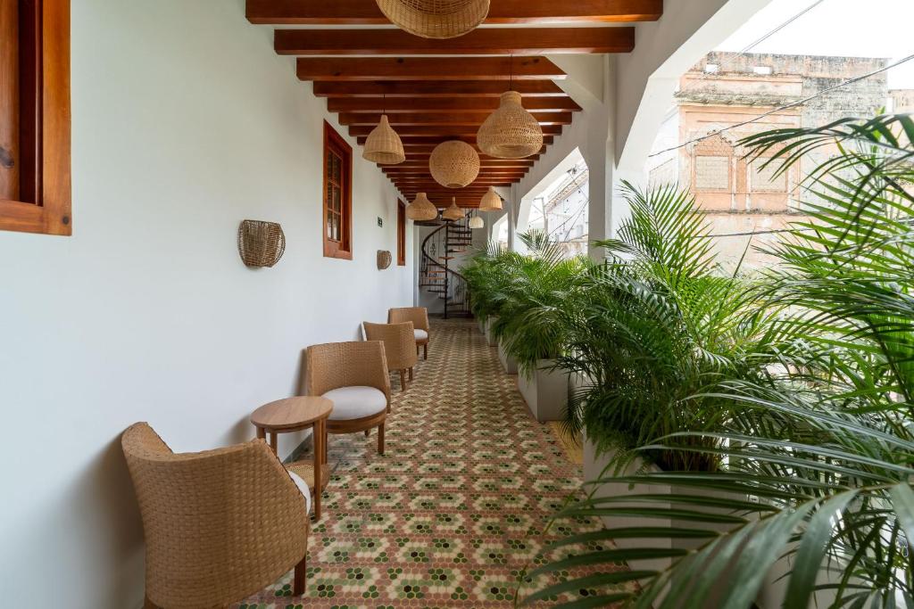 um corredor com cadeiras e plantas num edifício em Empyrean Art Deco em Santo Domingo