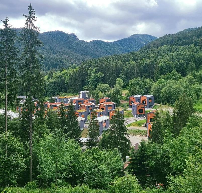 um grupo de casas no meio de uma floresta em Chalets Hrabovo em Ružomberok