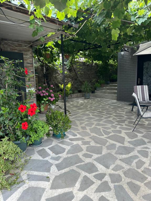 a patio with red flowers and plants on it at Apartment Lui in Tbilisi City