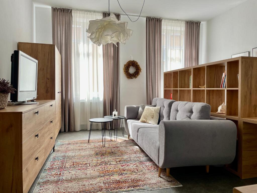 uma sala de estar com um sofá e uma televisão em Apartment Center Zilina near Train and Bus station em Žilina