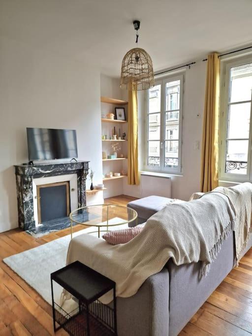 - un salon avec un canapé et une cheminée dans l'établissement Magnifique Appartement - Driant, à Troyes