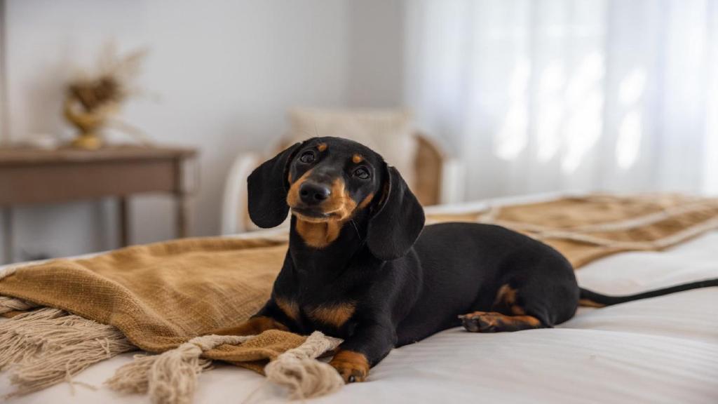 un chien noir et brun dormant sur un lit dans l'établissement Crackers, à Coffs Harbour