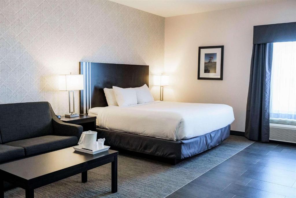 une chambre d'hôtel avec un lit et un canapé dans l'établissement Park Inn by Radisson Edmonton Airport, à Leduc