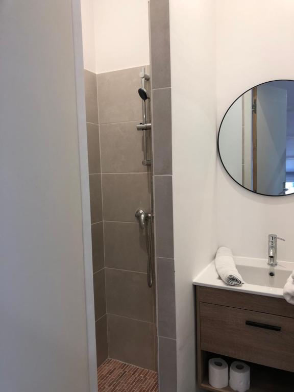 a bathroom with a shower with a sink and a mirror at Le Logis de Virginie - climatisé in Rochefort