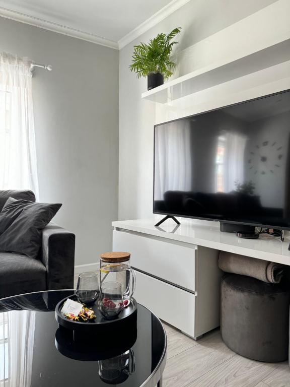 salon z telewizorem i stolikiem kawowym w obiekcie Brother street apartment w mieście Lipawa