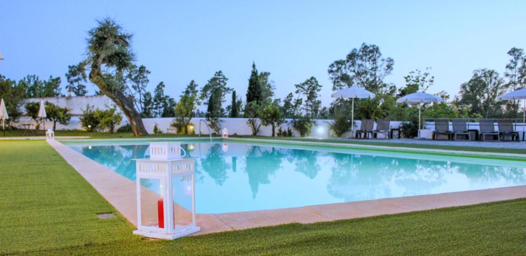 a swimming pool with a chair in the grass at Alentejo Star Hotel - Sao Domingos - Mertola - Duna Parque Resorts & Hotels in Mina de São Domingos