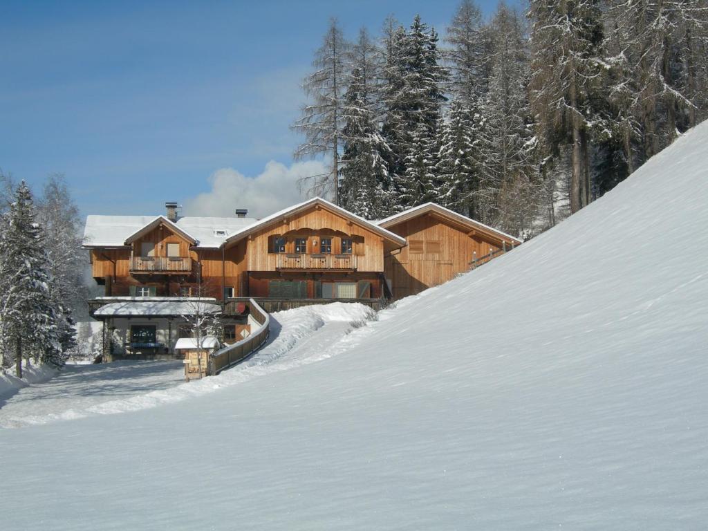 een groot houten huis in de sneeuw met bomen bij Binterhof in Sesto