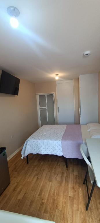 een slaapkamer met een bed, een bureau en een televisie bij Loft #2 en calle Brucelas in Ciudad Juárez