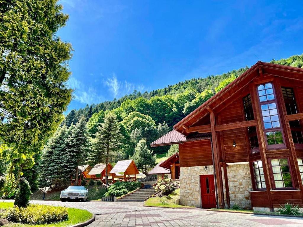 une maison avec une montagne en arrière-plan dans l'établissement Rezydencja Leśny Dwór, à Piwniczna-Zdrój