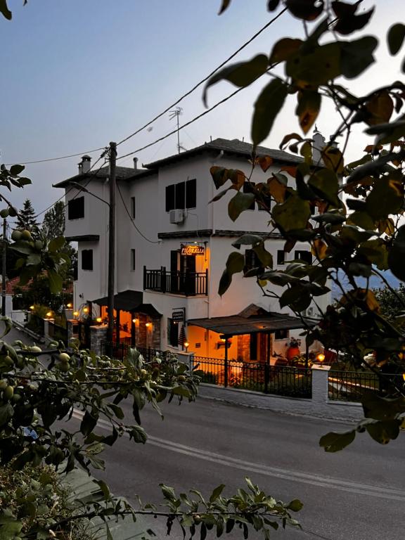 een wit gebouw met lichten aan de straatkant bij Guesthouse Filokalia in Portariá