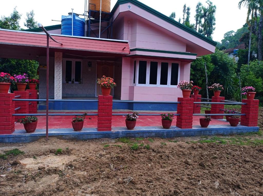 a house with potted plants in front of it at Rock peak view homestay in Avathi