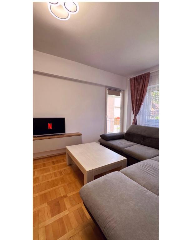 a living room with a couch and a tv at B7 Apartament in Ocna-Mureşului