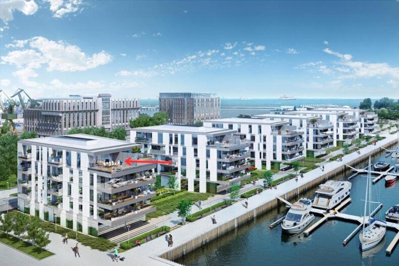 格丁尼亚Apartament Faltom 26 Yacht Park z tarasem的城市的空中景观,包括建筑和码头