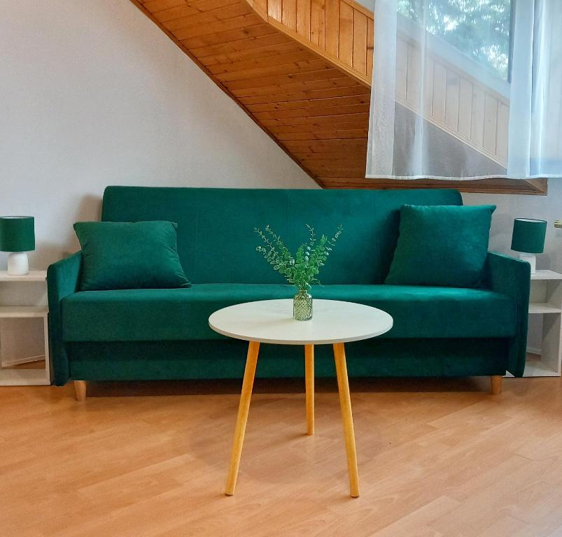 a living room with a green couch and a table at KRK stop in Cholerzyn