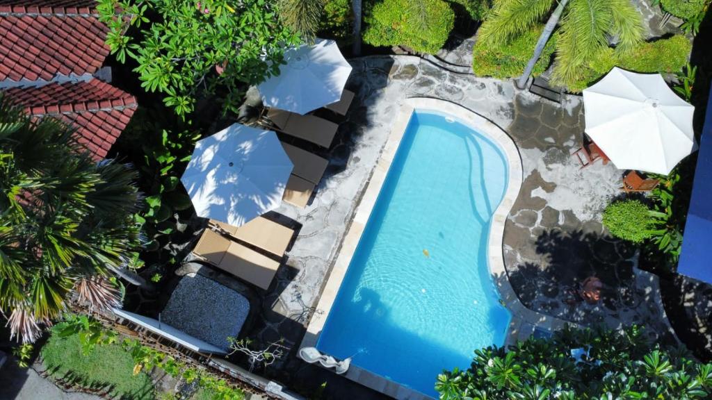 an overhead view of a swimming pool with umbrellas at ZiFa Mandalika in Kuta Lombok