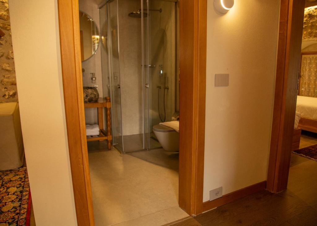 a bathroom with a toilet and a glass shower at Zoe Hora in Dhërmi