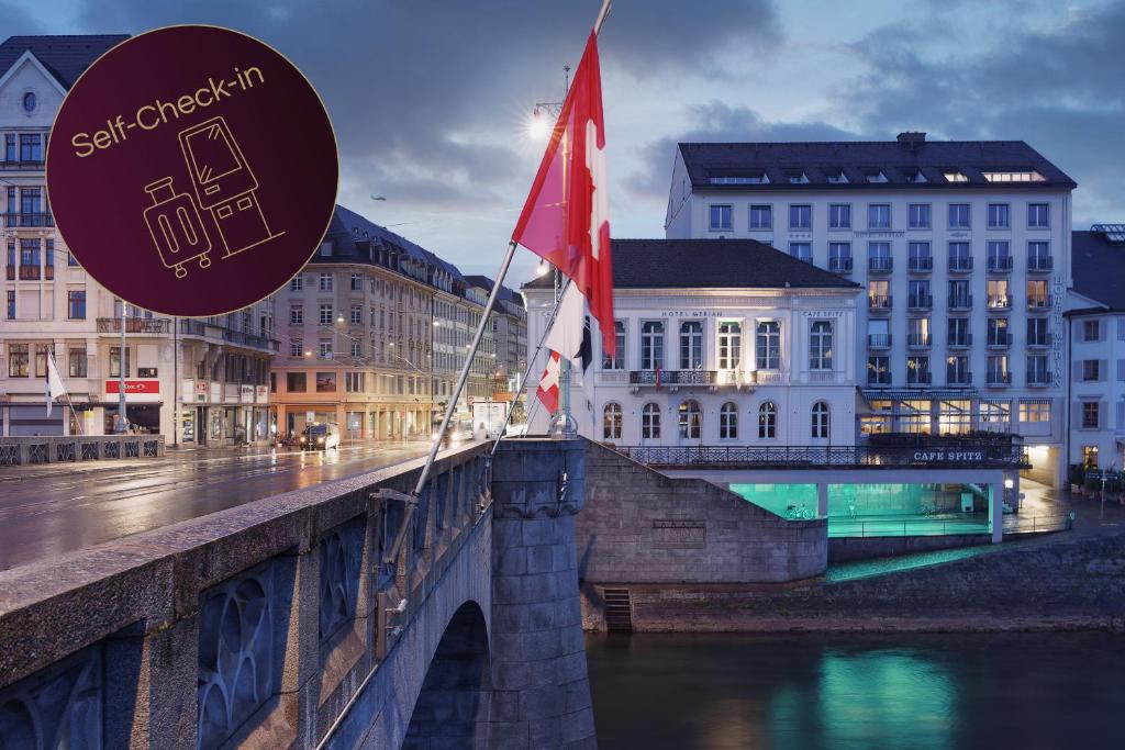 eine Brücke über einen Fluss in einer Stadt mit Gebäuden in der Unterkunft Merian am Rhein in Basel