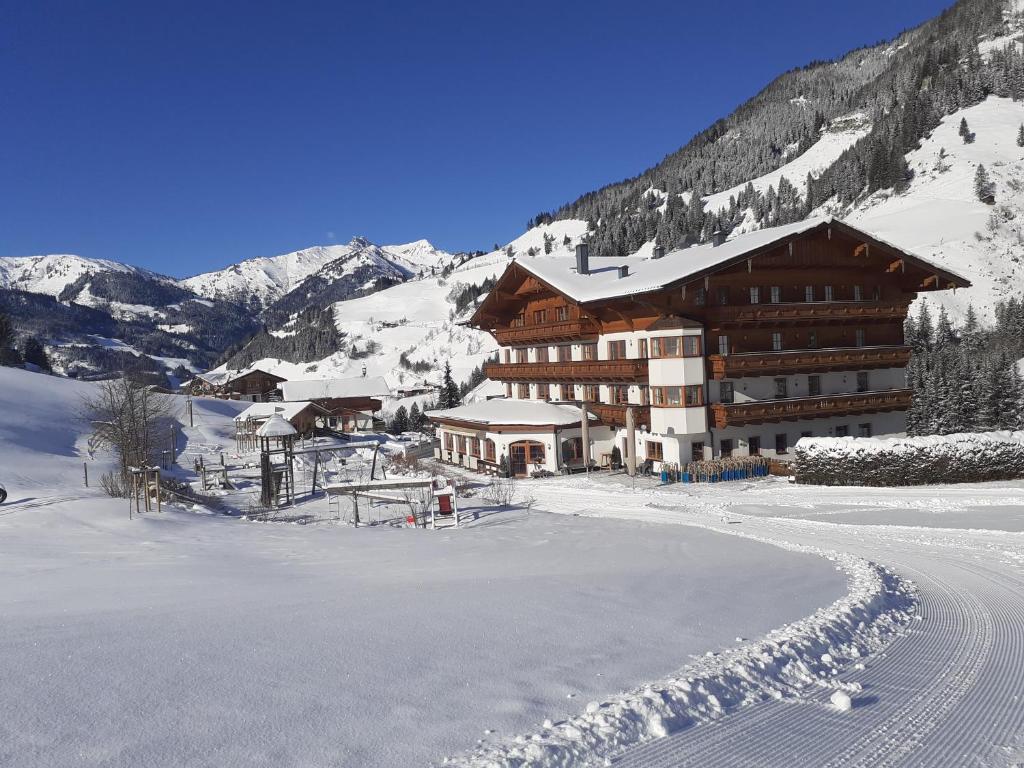 un lodge de ski dans les montagnes avec de la neige au sol dans l'établissement Hotel Lammwirt, à Grossarl