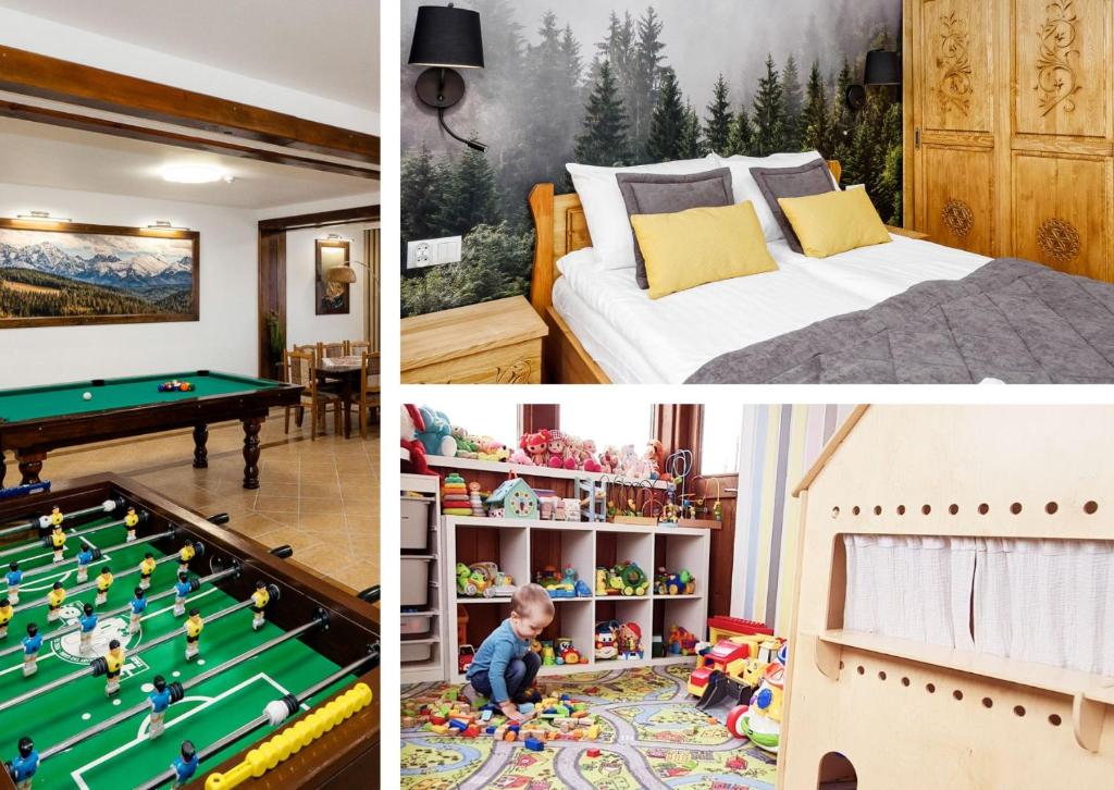 un collage de photos d'une chambre avec un billard dans l'établissement Willa Roztoka & SPA - idealne miejsce dla Twojej rodziny, à Bukowina Tatrzańska