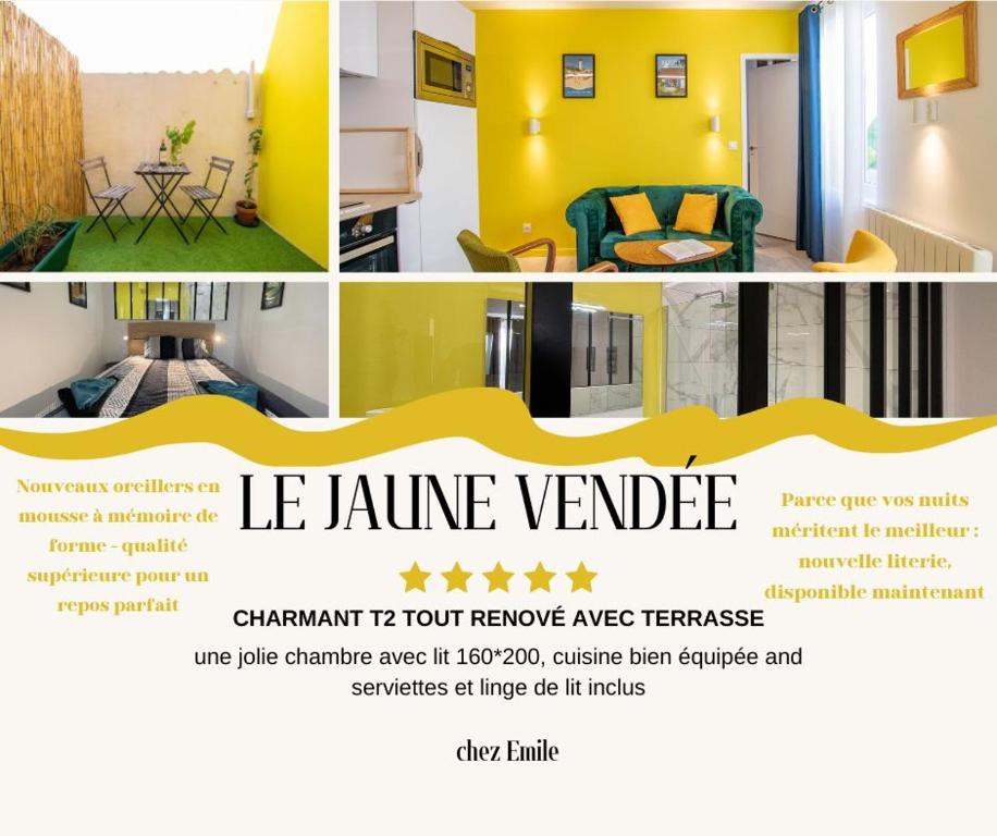 un collage de imágenes de una habitación de color amarillo en Chez Emile Le Jaune Vendée - T2 renové - Terrasse, en Niort