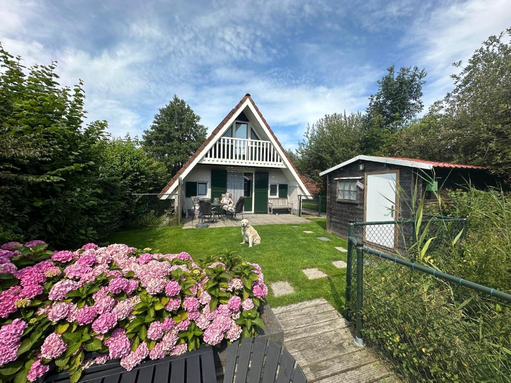 een huis met een hond in de tuin met bloemen bij Vakantiehuis Sofie Lauwersmeer met sauna in Anjum