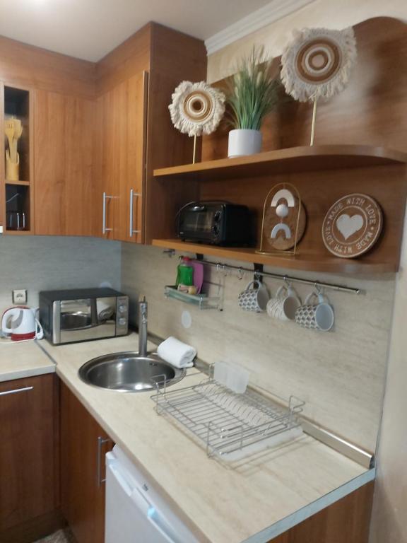 een keuken met een wastafel en een aanrecht bij Guest House Skalite in Sozopol