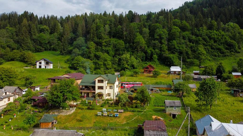 una vista aerea di un piccolo villaggio in una montagna di Котедж Зумера a Krivorovnya