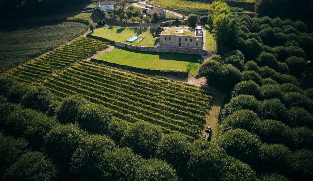 una vista aérea de un antiguo edificio en un viñedo en Quinta do Outeiro 1598, en Ponte da Barca