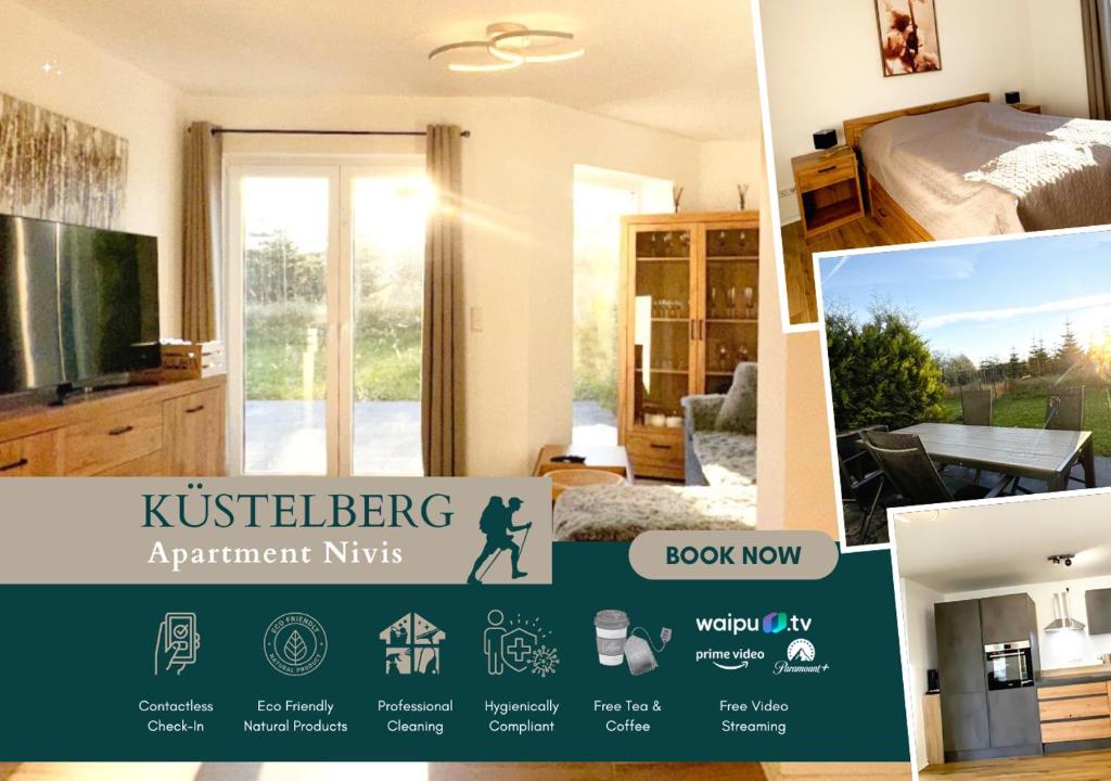 een collage van foto's van een slaapkamer en een woonkamer bij Greenhouse Living Apartment Nivis mit Garten - 7 Minuten nach Winterberg - 4 Minuten zur Skipiste in Medebach