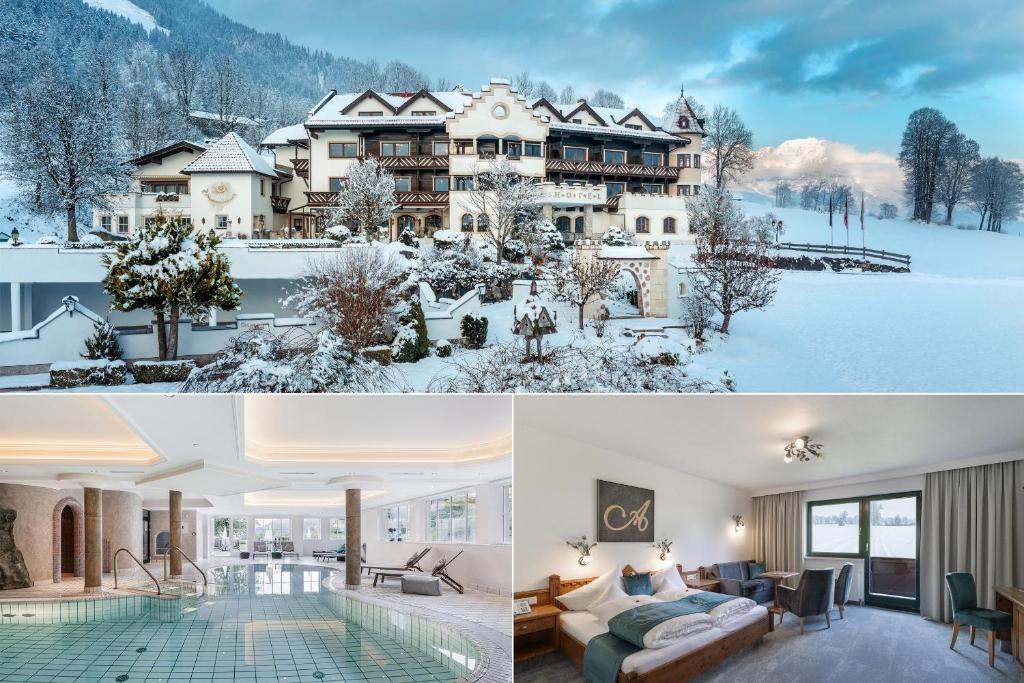 eine Collage mit Fotos eines Hauses im Schnee in der Unterkunft Hotel AlpenSchlössl in Söll