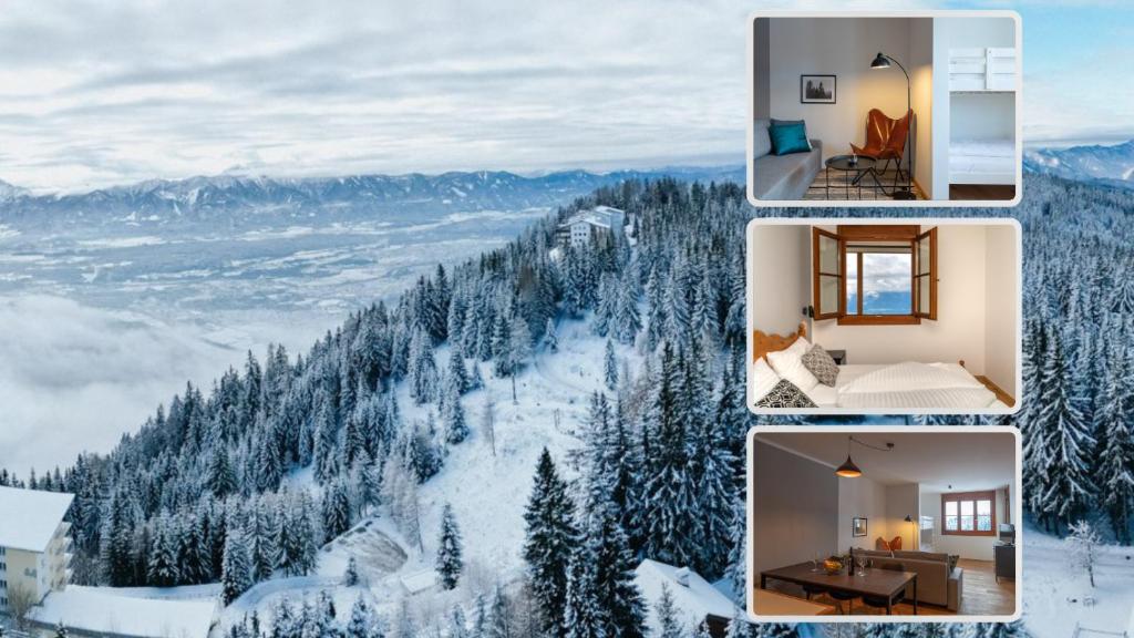 kolaż czterech zdjęć śnieżnej góry w obiekcie Luxescape-Traumaussicht-Ski & Winterwandergebiet-Langlauf-Rodeln-Erlebnis CARD w mieście Treffen am Ossiacher See