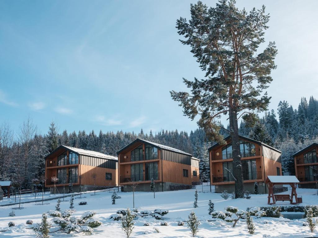 una fila di cabine in legno nella neve di Phoenix Relax Park a Bukovel