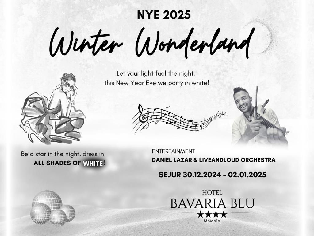 a poster for a winter wonderland event with a man playing a saxophone at Hotel Bavaria Blu in Mamaia