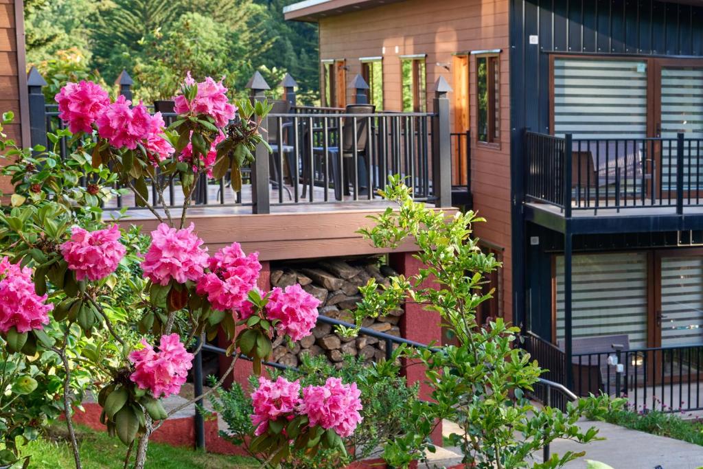 una terraza de madera con flores rosas frente a una casa en Mirabosque aparment Ejecutivos 6, en Osorno