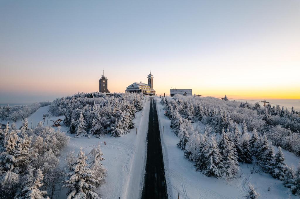 een winterzicht op een weg met sneeuw bedekte bomen bij Fichtelberghaus in Kurort Oberwiesenthal