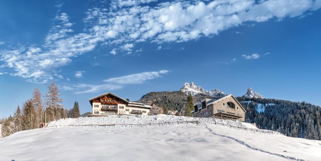 オベレッジェンにあるHotel Bewallerの雪に覆われた丘の上に建つ二棟の建物